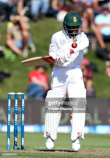 Temba Bavuma of South Africa bats during day two of the First Test match between New Zealand and South Africa at University Oval on March 9, 2017 in...