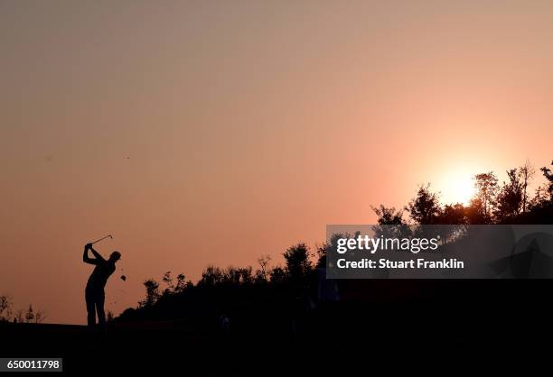 Rafa Cabrera Bello of Spain plays a shot during the first round of the Hero Indian Open at Dlf Golf and Country Club on March 9, 2017 in New Delhi,...