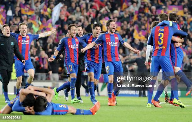 Lucas Digne, Ivan Rakitic, Neymar Jr, Luis Suarez, Sergi Roberto, Gerard Pique and captain Lionel Messi of Barcelona FC celebrate the victory after...