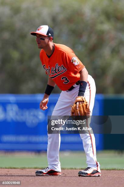 Ryan Flaherty of the Baltimore Orioles in action against the Toronto Blue Jays on March 8, 2017 at Ed Smith Stadium in Sarasota, Florida.