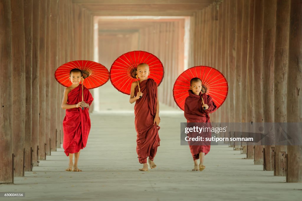 Myanmar The three novice walking on the pagoda and holding red umbrella