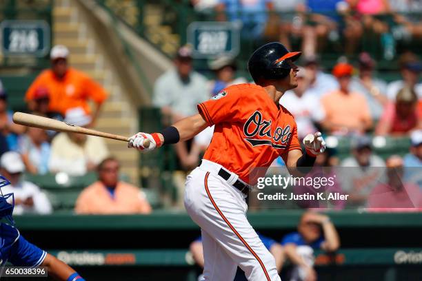 Ryan Flaherty of the Baltimore Orioles in action against the Toronto Blue Jays on March 8, 2017 at Ed Smith Stadium in Sarasota, Florida.