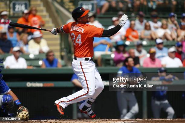 Chris Johnson of the Baltimore Orioles in action against the Toronto Blue Jays on March 8, 2017 at Ed Smith Stadium in Sarasota, Florida.