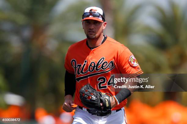 Chris Johnson of the Baltimore Orioles in action against the Toronto Blue Jays on March 8, 2017 at Ed Smith Stadium in Sarasota, Florida.