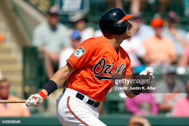 Ryan Flaherty of the Baltimore Orioles in action against the Toronto Blue Jays on March 8, 2017 at Ed Smith Stadium in Sarasota, Florida.