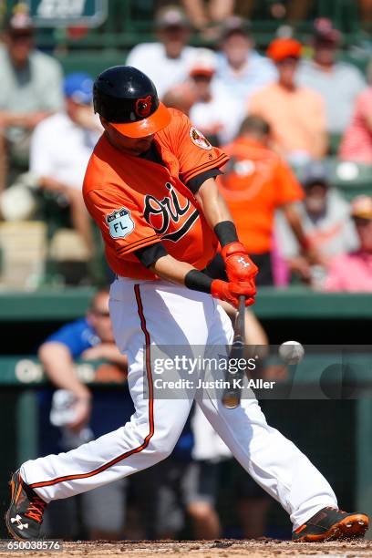 Paul Janish of the Baltimore Orioles in action against the Toronto Blue Jays on March 8, 2017 at Ed Smith Stadium in Sarasota, Florida.