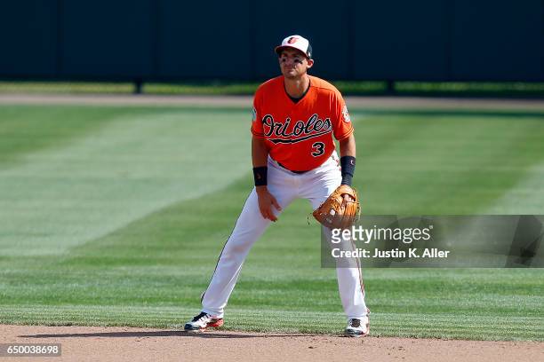 Ryan Flaherty of the Baltimore Orioles in action against the Toronto Blue Jays on March 8, 2017 at Ed Smith Stadium in Sarasota, Florida.