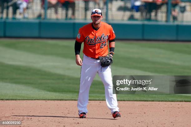 Chris Johnson of the Baltimore Orioles in action against the Toronto Blue Jays on March 8, 2017 at Ed Smith Stadium in Sarasota, Florida.
