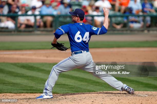 Lucas Harrell of the Toronto Blue Jays in action against the Baltimore Orioles on March 8, 2017 at Ed Smith Stadium in Sarasota, Florida.