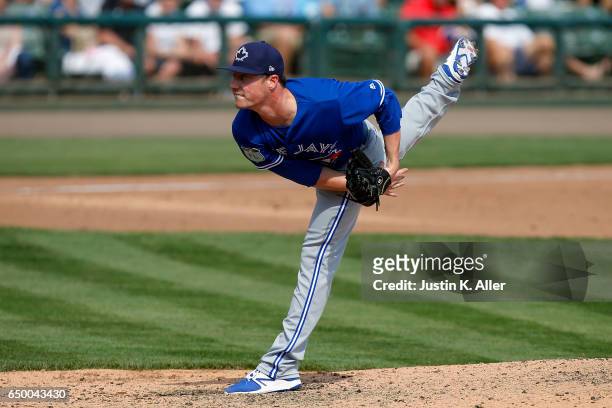 Lucas Harrell of the Toronto Blue Jays in action against the Baltimore Orioles on March 8, 2017 at Ed Smith Stadium in Sarasota, Florida.