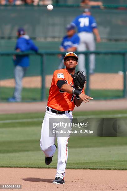 Robert Andino of the Baltimore Orioles in action against the Toronto Blue Jays on March 8, 2017 at Ed Smith Stadium in Sarasota, Florida.