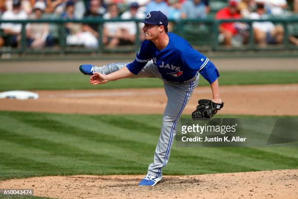 Lucas Harrell of the Toronto Blue Jays in action against the Baltimore Orioles on March 8, 2017 at Ed Smith Stadium in Sarasota, Florida.