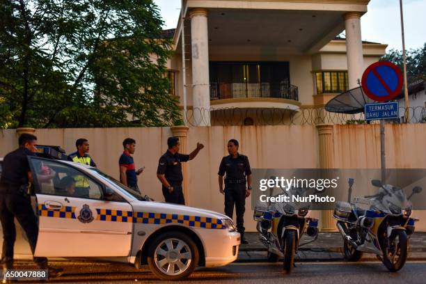 Royal Malaysian Police pictured at outside of the North Korean embassy in Kuala Lumpur, Malaysia on March 08, 2017. Malaysia said on March 07 that...