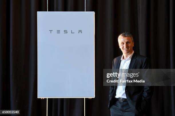 Lyndon Rive, Vice President of Energy Products at Tesla is seen speaking at the launch of the Tesla Powerwall 2 on March 9, 2017 in Melbourne,...