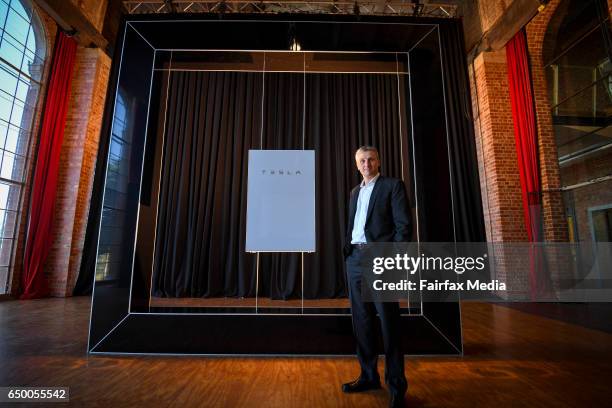 Lyndon Rive, Vice President of Energy Products at Tesla is seen speaking at the launch of the Tesla Powerwall 2 on March 9, 2017 in Melbourne,...