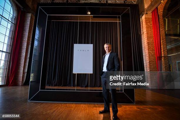 Lyndon Rive, Vice President of Energy Products at Tesla is seen speaking at the launch of the Tesla Powerwall 2 on March 9, 2017 in Melbourne,...