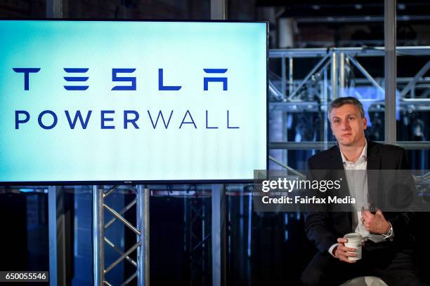 Lyndon Rive, Vice President of Energy Products at Tesla is seen speaking at the launch of the Tesla Powerwall 2 on March 9, 2017 in Melbourne,...