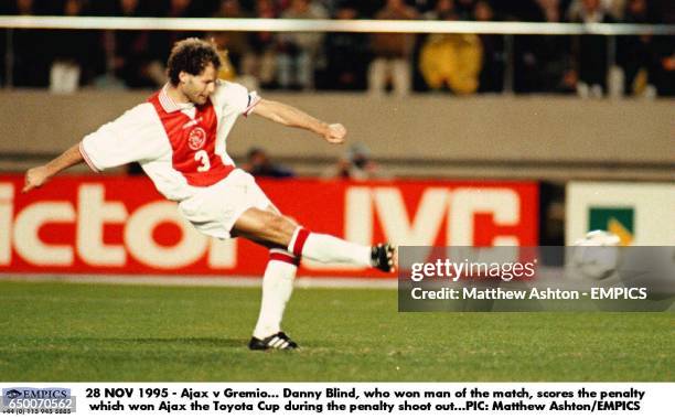 Ajax's Danny Blind, who won man of the match, scores the penalty which won Ajax the Toyota Cup during the penalty shoot out