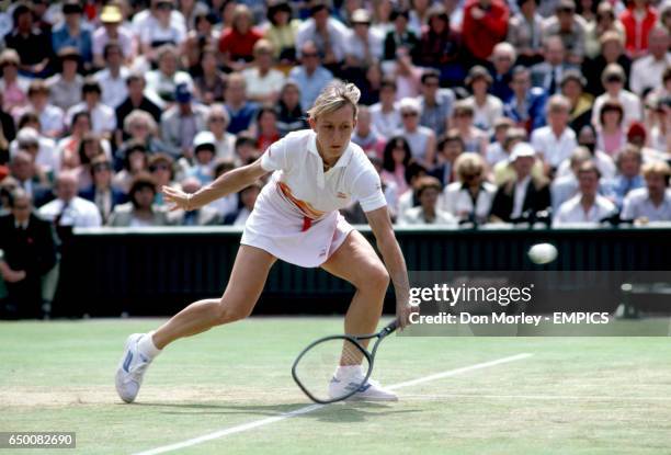 Martina Navratilova in action during her final match against fellow American Chris Evert Lloyd