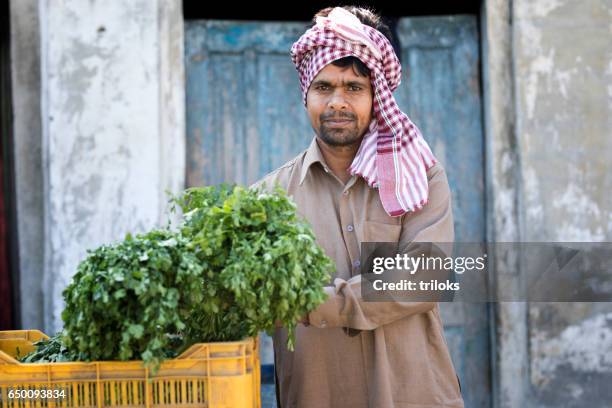 farmer holding bunch of cilantro - indian shopkeeper stock pictures, royalty-free photos & images