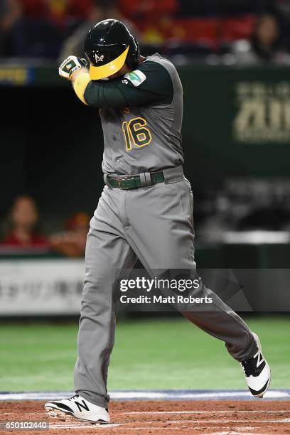 Infielder Luke Hughes of Australia celebrates after hitting a two run homer in the top of the third inning to make it 2-0 during the World Baseball...