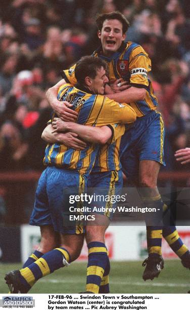 Gordon Watson is congratulated by team mates Matthew Le Tissier and Richard Hall