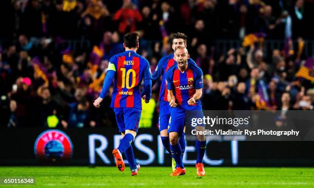 Lionel Messi, Javier Mascherano and Gerard Pique of Barcelona celebrate after winning 6-1 the UEFA Champions League Round of 16 second leg match...