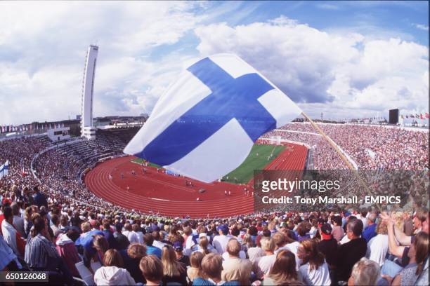 View of the Olympic Stadium in Helsinki during the European Athetics Championships with Finnish Flag waving