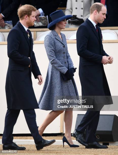 Britain's Prince Harry , Britain's Catherine, Duchess of Cambridge , Britain's Prince William, Duke of Cambridge arrive to attend a Service of...