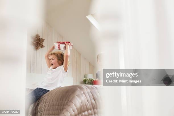 christmas morning in a family home. a girl holding a present above her head. - girl open mouth stockfoto's en -beelden