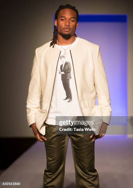 Player Bradley Roby walks the runway in Alba at the Fashion Setters Gala at the Beverly Wilshire Four Seasons Hotel on March 8, 2017 in Beverly...