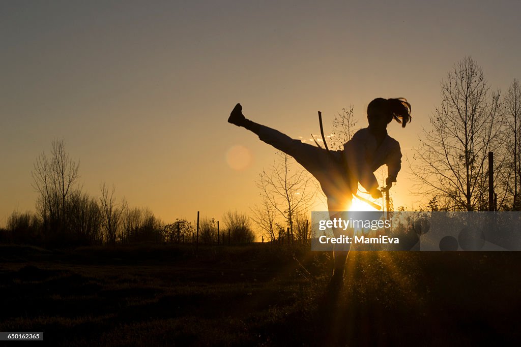 Silhouette of a girl practicing Taekwondo martial art