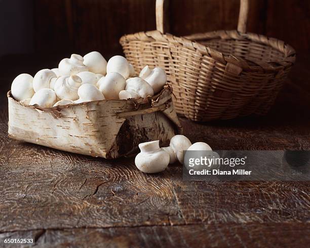 mushrooms in vintage wooden basket - white mushroom imagens e fotografias de stock