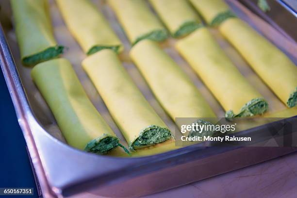 ricotta cannelloni in traditional italian restaurant kitchen, close up - otley stock pictures, royalty-free photos & images