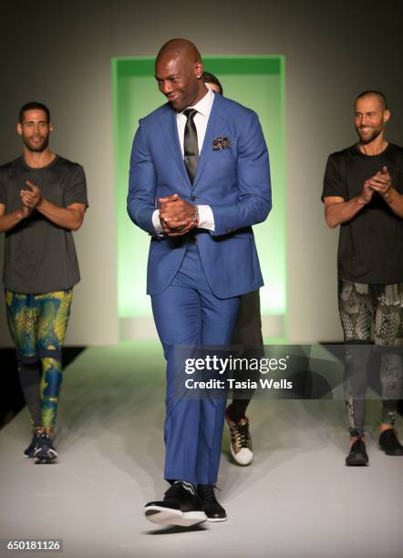 Former NFL player and sportswear designer Terrell Owens walks the runway at the Fashion Setters Gala at the Beverly Wilshire Four Seasons Hotel on...