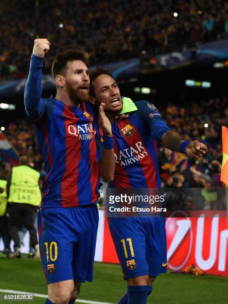 Lionel Messi and Neymar of Barcelona celebrate their side's sixth goal during the UEFA Champions League Round of 16 second leg match between FC...
