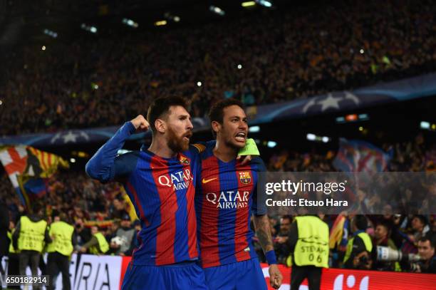 Lionel Messi and Neymar of Barcelona celebrate their side's sixth goal during the UEFA Champions League Round of 16 second leg match between FC...