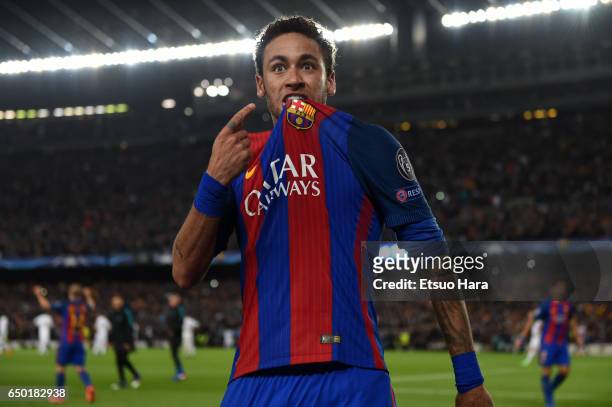 Neymar of Barcelona celebrates his side's sixth goal during the UEFA Champions League Round of 16 second leg match between FC Barcelona and Paris...