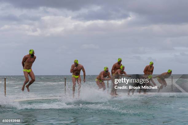 The Olympic Aussie Sharks team at Water Polo by the Sea, Bondi Icebergs on March 9, 2017 in Sydney, Australia.