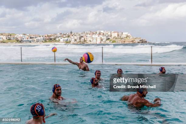 Player warm up for their match at Water Polo by the Sea at Bondi Icebergs on March 9, 2017 in Sydney, Australia.