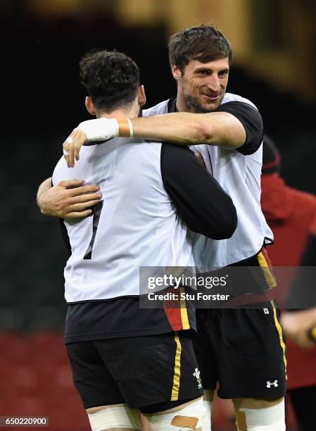 Wales player Luke Charteris enjoys a joke with a team mate during Wales captain's run ahead of their RBS Six Nations match against Ireland at...