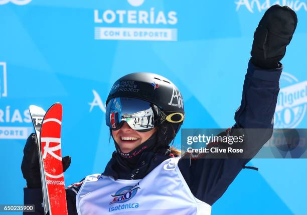 Perrine Laffont of France celebrates winning the gold medal in the Women's Dual Moguls on day two of the FIS Freestyle Ski and Snowboard World...
