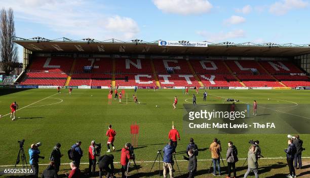 General view of Lincoln City training during a Lincoln City Media Day ahead of their FA Cup match against Arsenal at Sincil Bank Stadium on March 9,...
