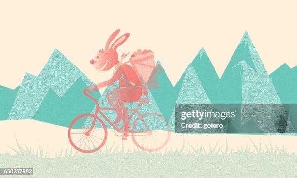 stippling cycling easter bunny illustration on abstract vintage background - funny easter stock illustrations