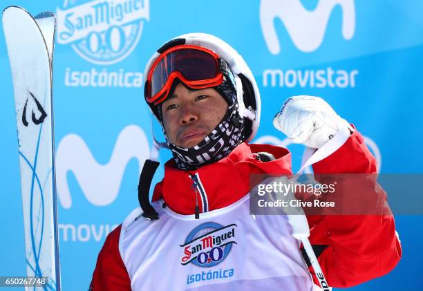 Ikuma Horishima of Japan celebrates winning the gold medal in the Men's Dual Moguls on day two of the FIS Freestyle Ski and Snowboard World...