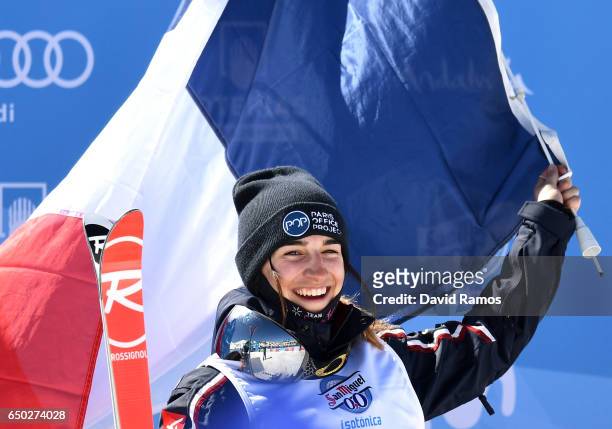 Perrine Laffont of France celebrates winning the gold medal in the Women's Dual Moguls on day two of the FIS Freestyle Ski and Snowboard World...