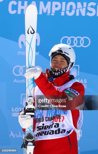 Ikuma Horishima of Japan celebrates winning the gold medal in the Men's Dual Moguls on day two of the FIS Freestyle Ski and Snowboard World...