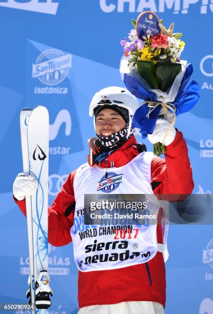 Ikuma Horishima of Japan celebrates winning the gold medal in the Men's Dual Moguls on day two of the FIS Freestyle Ski and Snowboard World...