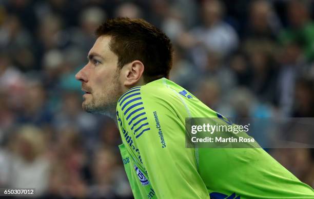 Carsten Lichtlein, goaltender Gummersbach gestures during the DKB HBL Bundesliga match between THW Kiel and VfL Gummersbach at Sparkassen Arena on...