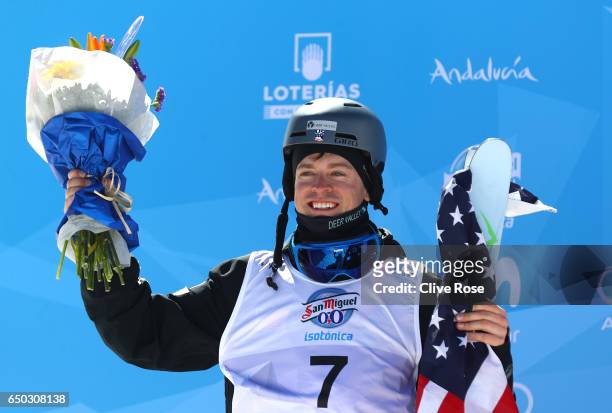 Bradley Wilson of the United States celebrates winning the silver medal in the Men's Dual Moguls on day two of the FIS Freestyle Ski and Snowboard...